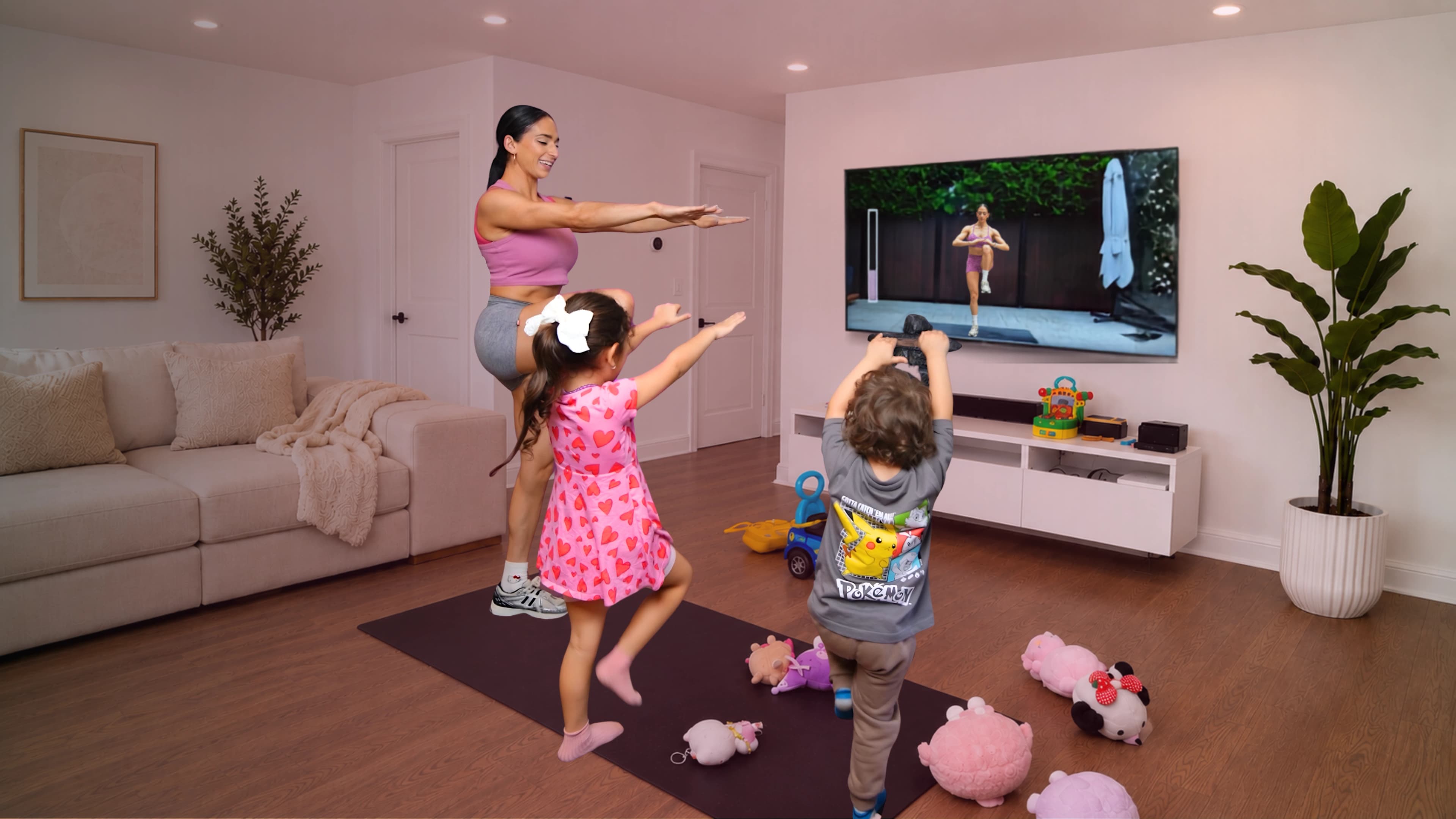 A bright modern living room set up for an at-home workout