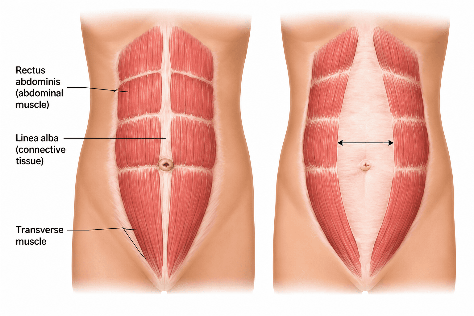 Medical illustration comparing abdominal muscles separated by diastasis recti with normal abdominal muscles